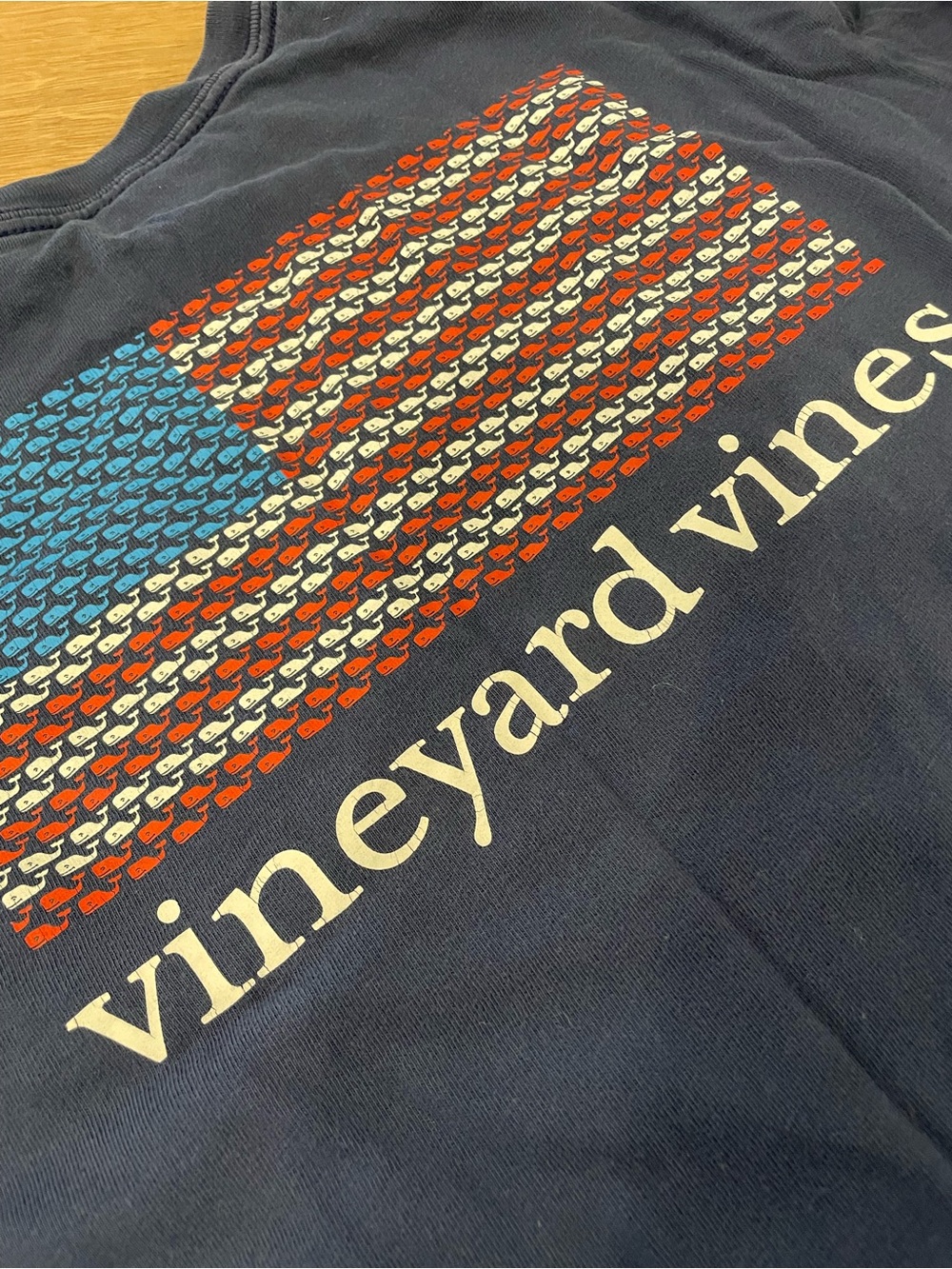 Vineyard Vines Navy Crewneck with Red, White & Blue Whale Flag Graphic